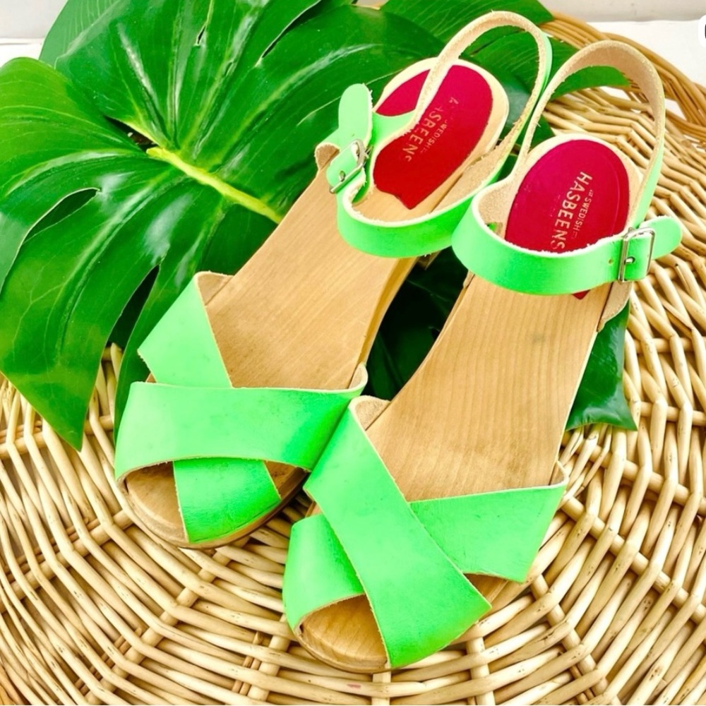 Swedish Hasbeens Mirja Wood Heeled Clog Sandals leather Neon Green Size EU 38